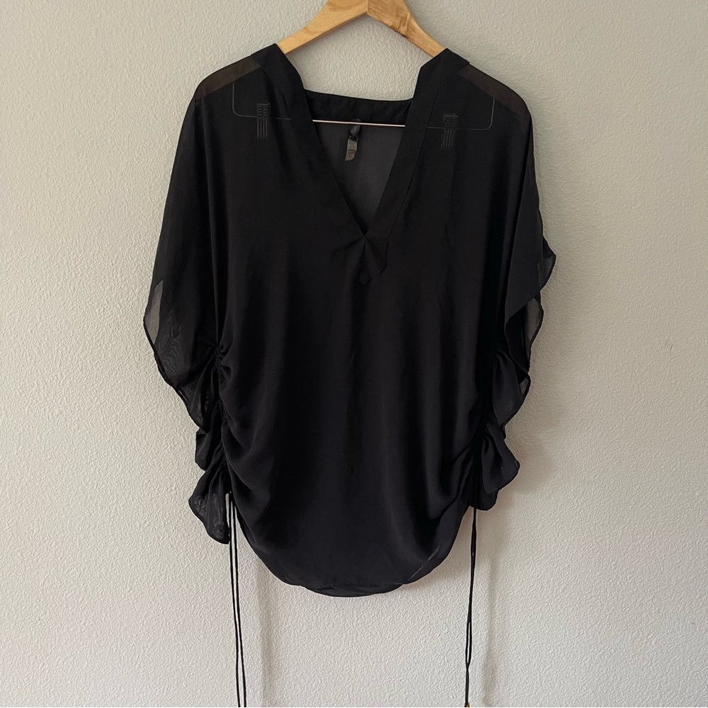 Victorias Secret Black Sheer Top Ruched Oversize V-Neck Size XS/S